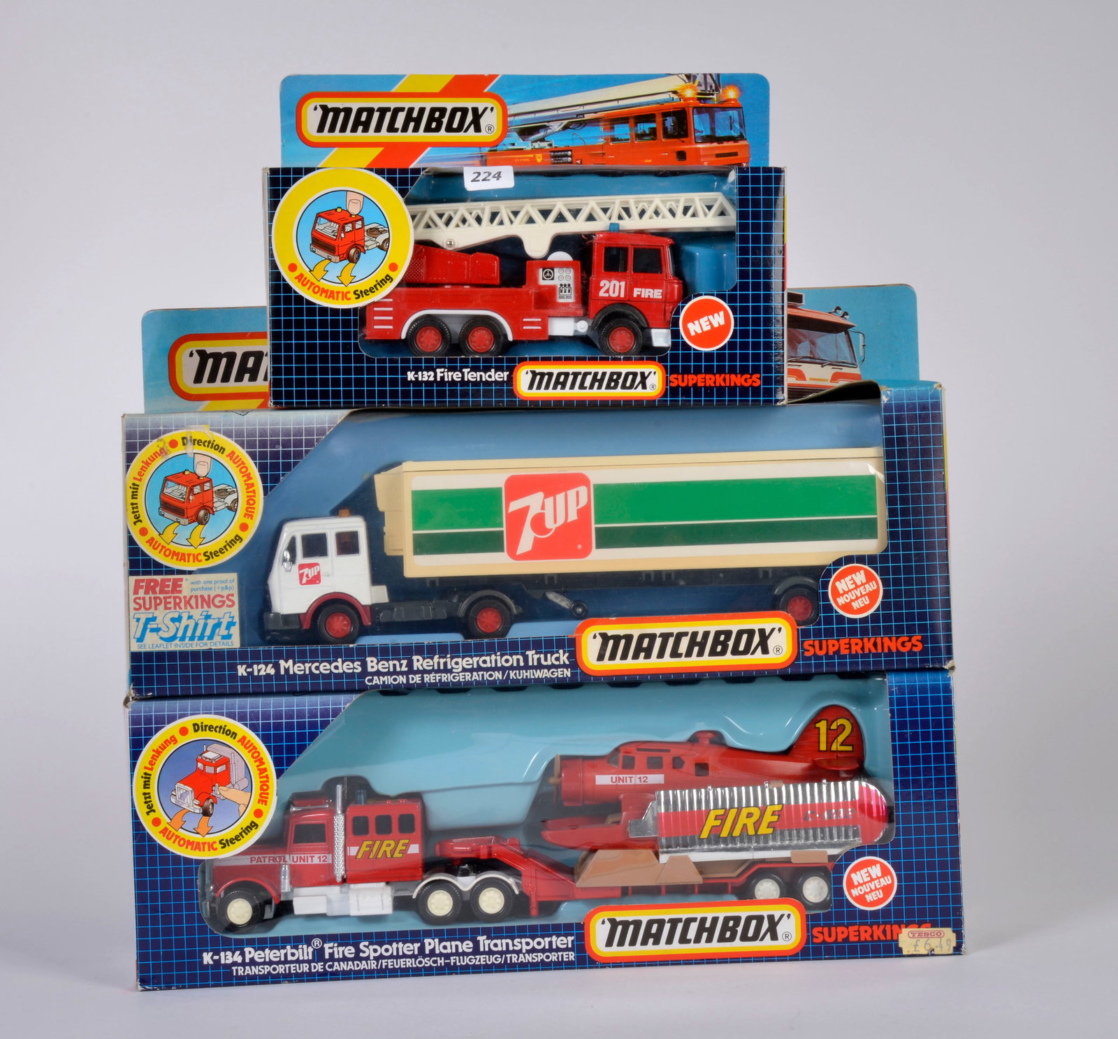Matchbox, SuperKings, OVP gelb/rot/blau, 1990, K 124 Mercedes Benz Truck, K 132 Fire Tender, K 142 (1 of 1)
