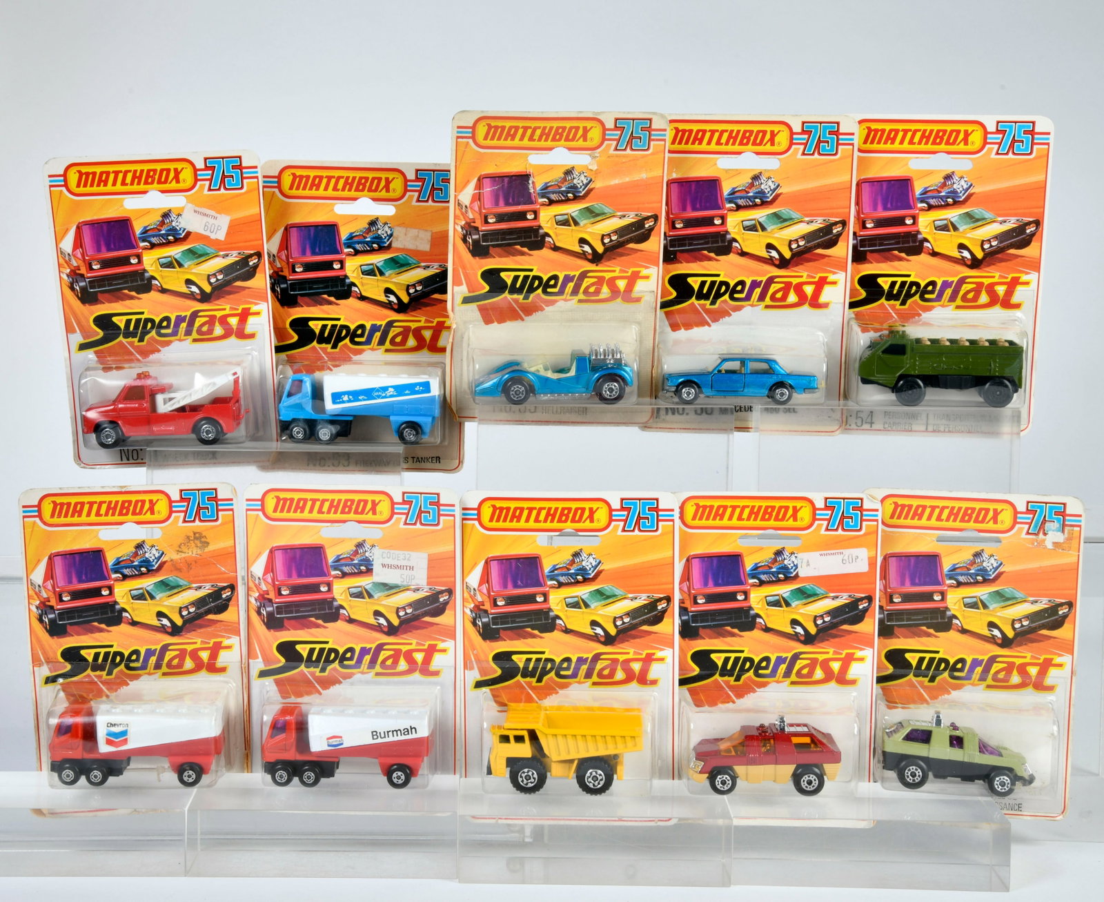 Matchbox, Blisterpackungen, Passenger C., Hellraiser, Mercedes, Faun Dumper, 2x Planet Scout, Wreck: Matchbox, Blisterpackungen 1-75, 54 Passenger Carrier, 55 Hellraiser, 56 Mercedes 450SEL, 58 Faun Dumper, 2x 59 Plant Scout, beige/rot + hellgrun/schwarz, 61 Wreck Truck, 3x 63 Speedway Gas Tanker, ("