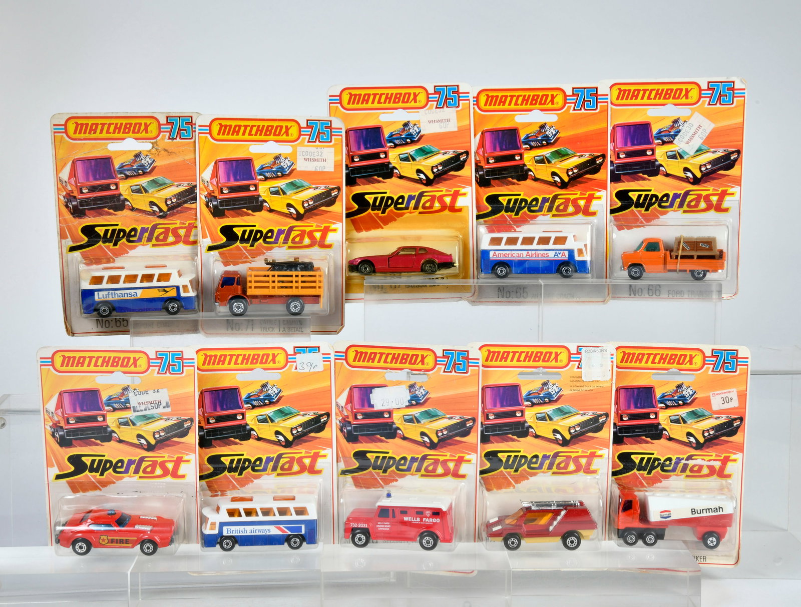 Matchbox, Blisterpackungen, Speedway T., Fire Chief, 3x Airport Coach, Ford T., Datsun, Cosmobile,: Matchbox, Blisterpackungen 1-75, 63 Speedway Gas Tanker, BURMAH, 64 Fire Chief, 3x 65 Airport Coach, ("American Airlines" + "Britisch Airways", "Lufthansa") 66 Ford Transit, 67 Datsun 260-Z, 68 Cosmob