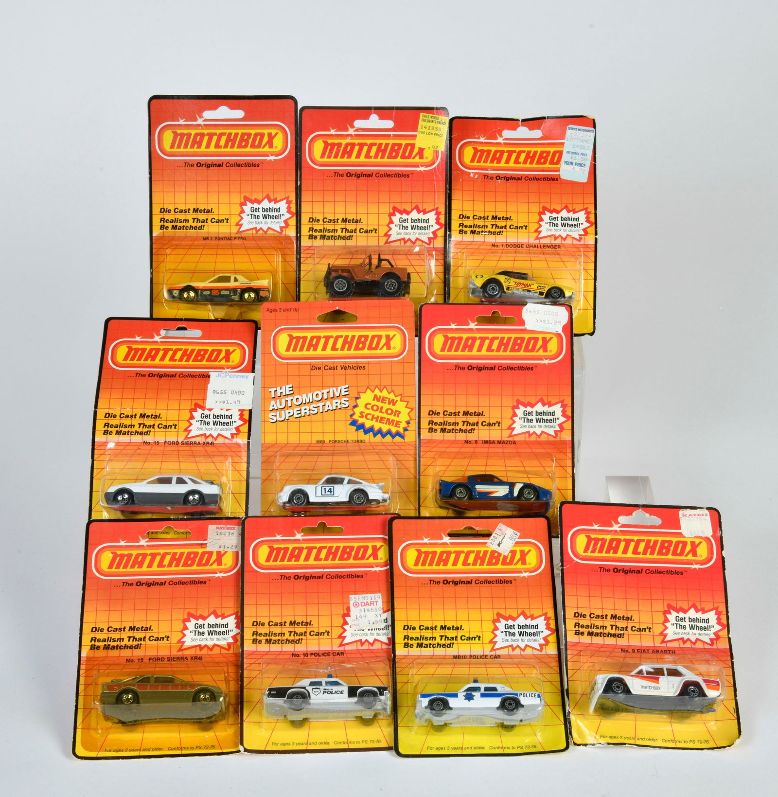 Matchbox, Blisterpackungen, Dodge Challenger, Pontiac Fiero, Porsche, Jeep, IMSA Mazda, Fiat A., 2x (1 of 1)