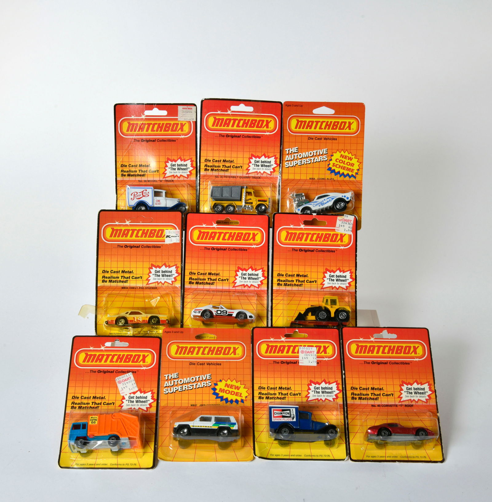 Matchbox, Blisterpackungen, Cosmic B., Jeep, Shovel T., Peterbilt T., Chevy P. St., Refuse Truck, 2x (1 of 1)