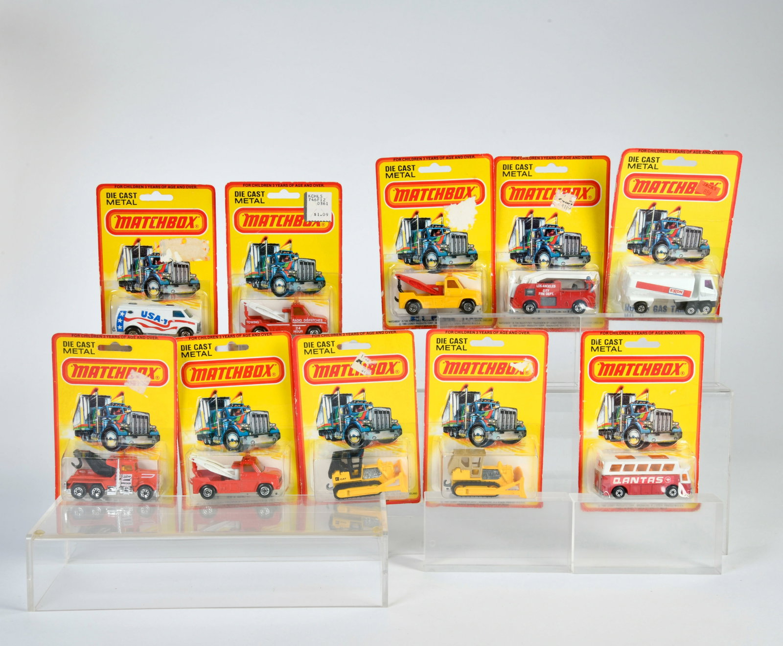 Matchbox, Blisterpackungen, 3x Wreck Trucks, Peterbilt Wreck Truck, Gas Tanker, Snorkel, 2x: Matchbox, Blisterpackungen andere 1980 - 1983, 3x 61 Wreck Truck, 61 Peterbilt Wreck Truck, Eddies, 63 Gas Tanker, EXXON, 63 Snorkel L.A. City Fire Dept., 2x 64 Caterpillar D&H Bulldozer, 65 Airport B
