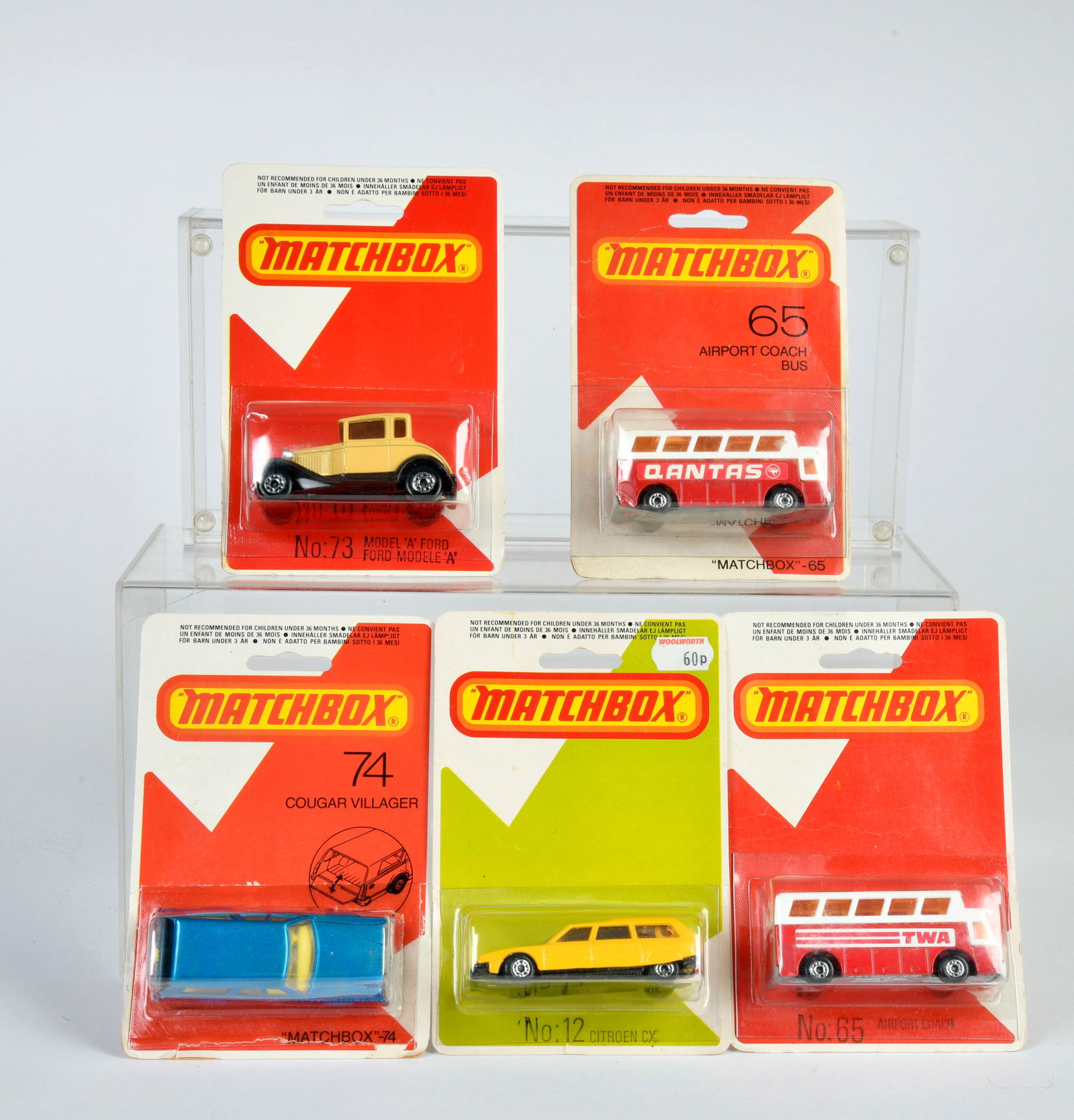 Matchbox, Serie Superfast (1972), 2x 73 Ford Model A, 74 Cougar Villager, 2x 66 Airport Coach Bus, (1 of 1)
