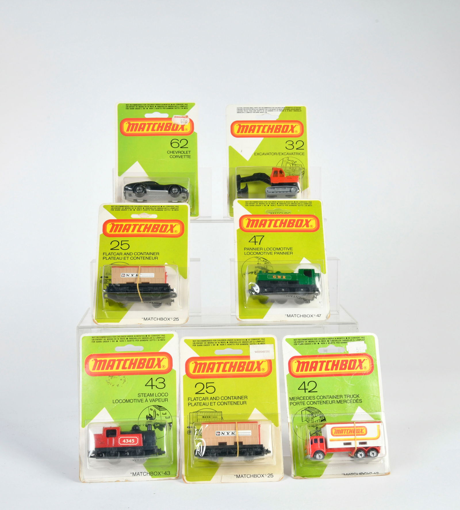 Matchbox, Serie Superfast (1972), Flatcar + Container, Excavator, Mercedes Cont. Truck, Steam Loco, (1 of 1)