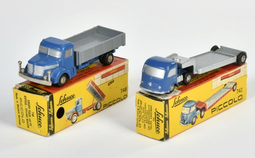 Schuco, Piccolo 748 Krupp Tiger 185 PS & 742 Mercedes Sattelzugmaschine mit Tieflader: Schuco, Piccolo 748 Krupp Tiger 185 PS & 742 Mercedes Sattelzugmaschine mit Tieflader, W.-Germany, 1:90, Okt, Z 1-2