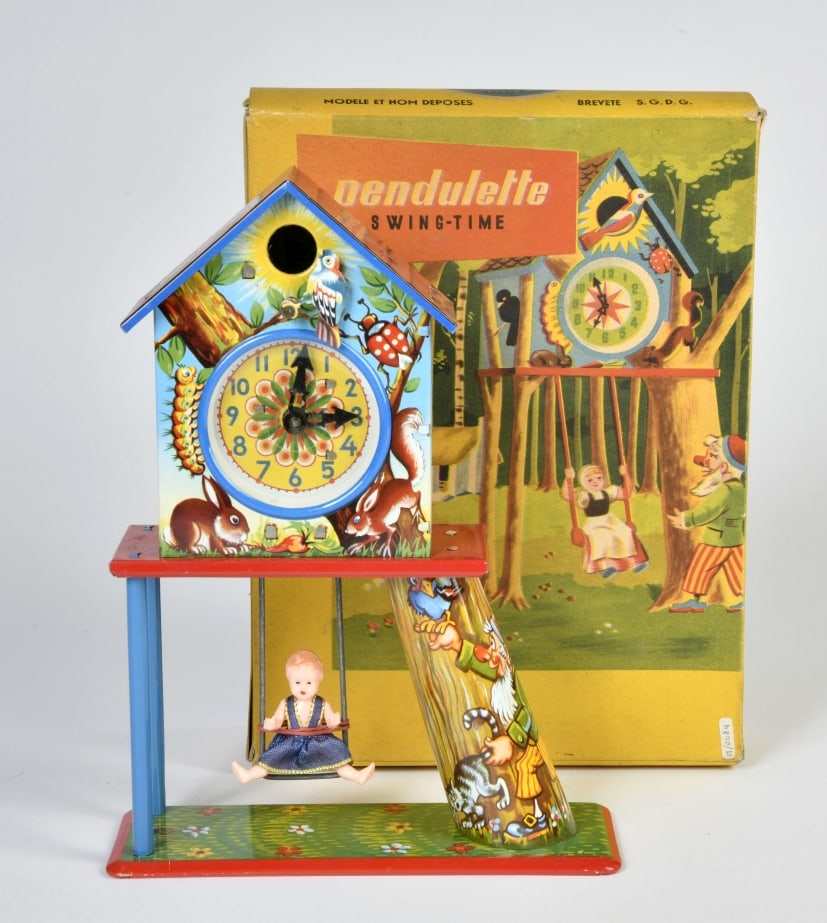 Joustra, Uhr mit Schaukel: Joustra, Uhr mit Schaukel, France, 24 cm, Blech, UW + Funktion ok, Okt Z 2, Z 1
