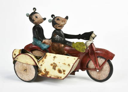 Tippco Handmuster, Micky & Minnie Motorrad: Tippco Handmuster, Micky & Minnie Motorrad, Germany VK, 21 cm, Blech & Holz, LM