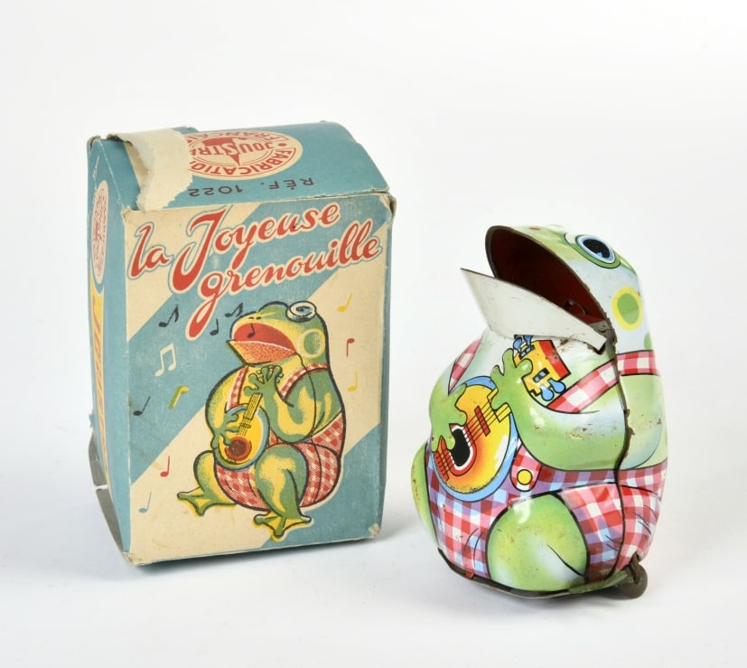 Joustra, Musizierender Frosch: Joustra, Musizierender Frosch, France, 11 cm, Blech, Friktion ok, LM, Okt, Z 2-3