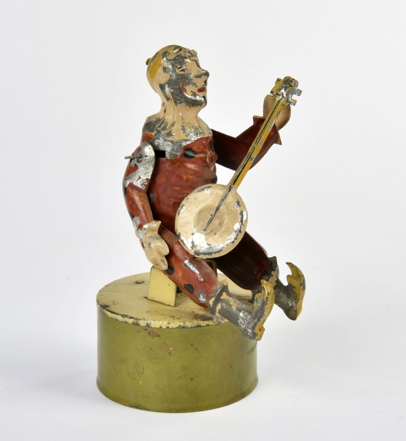 Gunthermann, Clown mit Banjo: Gunthermann, Clown mit Banjo, Germany VK, 17 cm, UW ok, Funktion defekt, LM, Z 3