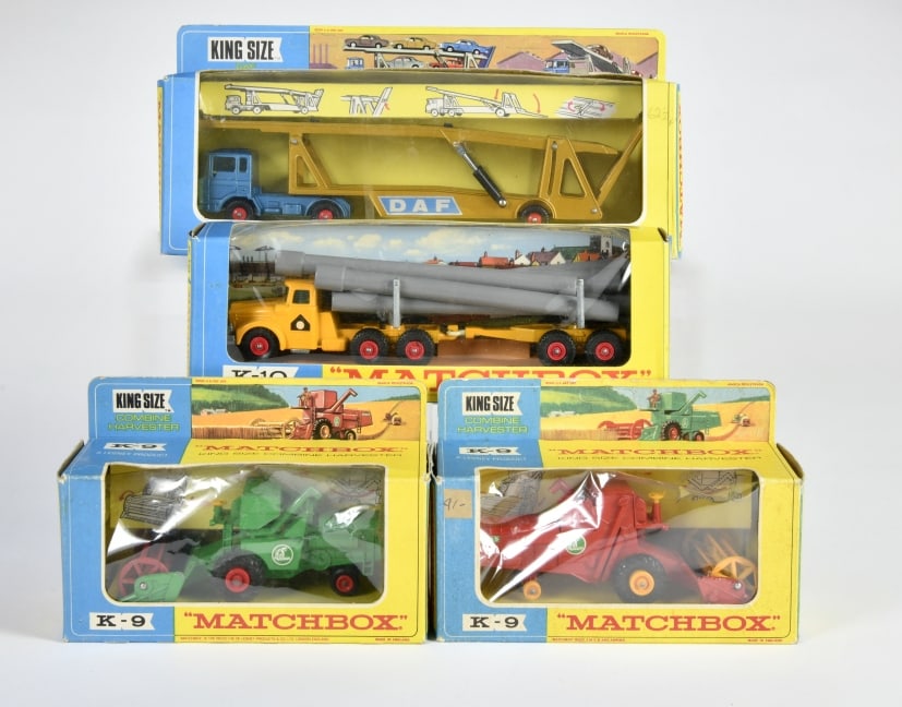 Matchbox King Size Series (gelb/blaue OVP), 2x K-9 CLAAS Comb. Harvester, K-10 Scammell Contr. Pipe (1 of 1)