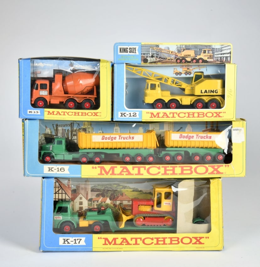 Matchbox King Size Series (gelb/blaue OVP), K-12 Scammell R. Crane, K-13 Ready-Mix C. Truck, K-16 (1 of 1)