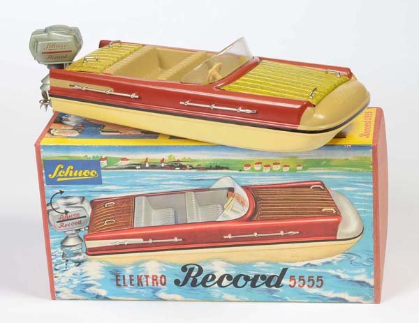 Schuco: English: Schuco, Boat "Elektro Record", W.-Germany, plastic, original box condition 1-2, engine gets stuck, visually condition 1 Deutsch: Schuco, Boot "Elektro Record", W.-Germany, 28 cm, Kunststoff, 