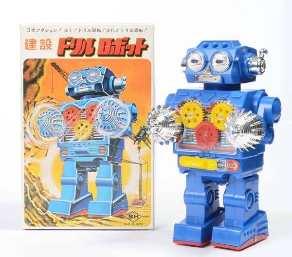 Horikawa: English: Horikawa, "Excavator Robot ", Japan, plastic, battery drive and functions ok, original box condition 1-, condition 1 Deutsch: Horikawa, "Excavator Robot", 26 cm, Japan, plastic, battery drive