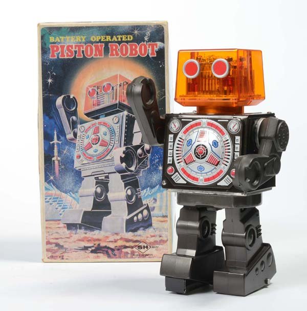 Horikawa: English: Horikawa, "Piston Robot", Japan, mixed material: tin + plastic, battery drive + functions ok, original box condition 1-, condition 1 Deutsch: Horikawa, "Piston Robot", 28 cm, Japan, Gemischtb