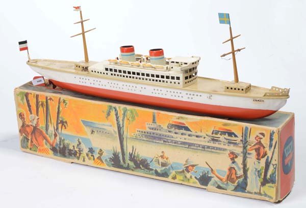 Arnold: English: Arnold, Steamer, W.-Germany, tin, windup ok, board: paint damage, original box condition 2, flag replaced, condition 2- Deutsch: Arnold, Dampfer, L 46 cm, W.-Germany, Blech, Uhrwerk ok, Deck:
