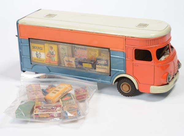 Gama: English: Gama, mobile shop car, W.-Germany, tin, friction ok, minimal paint damage, condition 2+, Deutsch: Gama, Verkaufswagen, W.-Germany, 35 cm, Blech, Friktion ok., minimale Lackmängel, Z 2+, (264