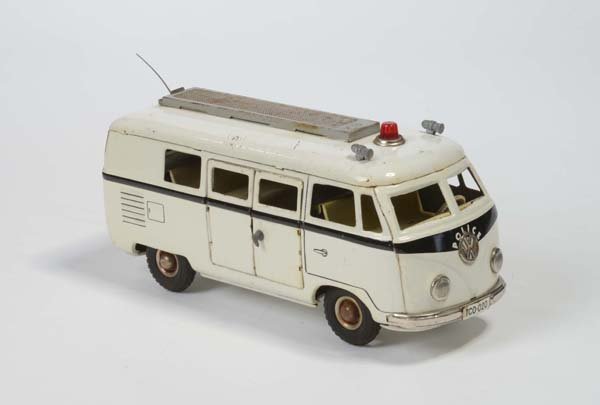 Tippco: English: Tippco, VW bus "Polizei", W.-Germany, tin, friction defective, paint damage, condition 2-3, Deutsch: Tippco, VW Bus "Polizei", W.-Germany, 23 cm, Blech, Friktion defekt, Lackmängel, Z 2-3, (