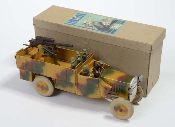 Lineol: English: Lineol, truck with cannon, tin, windup defective, minimal paint damage, original box condition 2-, good original condition Deutsch: Lineol, LKW mit Geschütz, Germany VK, 29cm, Blech, Uhrwerk