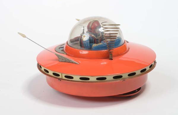 TN: English: TN, flying saucer, Japan, tin, battery drive+functions ok, minimal paint damage, condition 1-2 Deutsch: TN, fliegende Untertasse, 21 cm, Japan, Blech, Elektroantrieb+Funktionen ok, minimale L