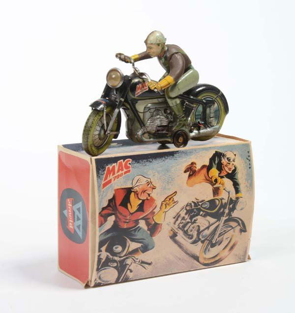 Arnold: English: Arnold, Motorbike "Mac", US Zone Germany, tin, windp and function ok, paint damage, reprobox, condition 3+, Deutsch: Arnold, Motorrad "Mac", US Zone Germany, 20 cm, Blech, Uhrwerk und Funktio