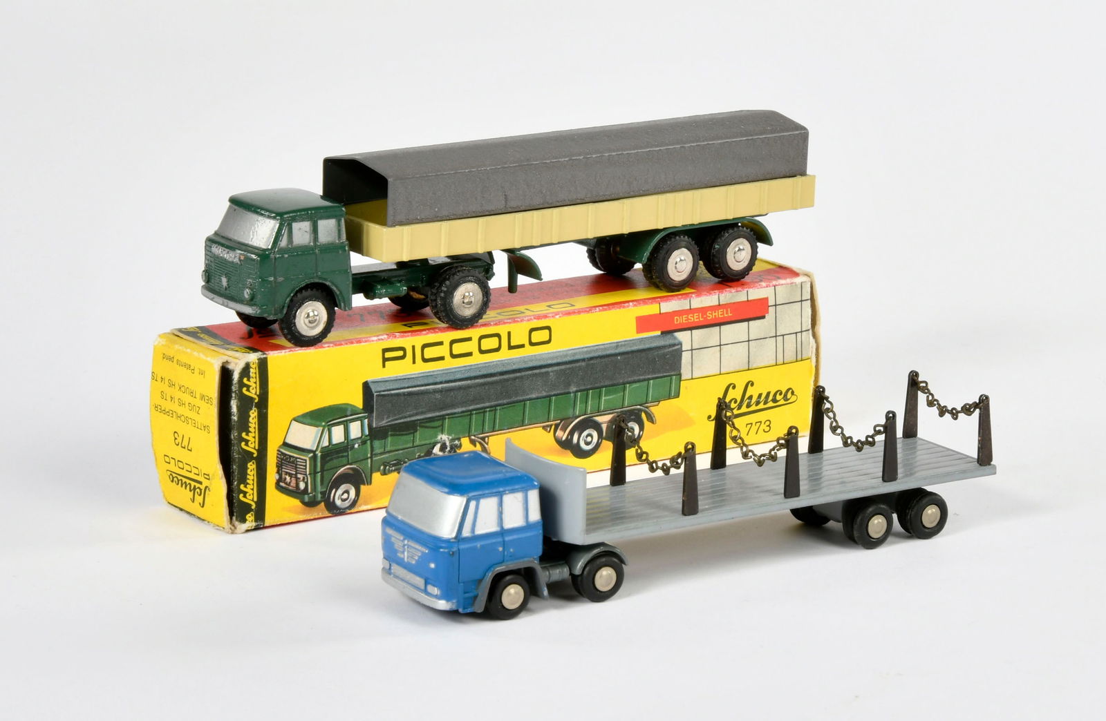 Schuco, Piccolo 773 Sattelschlepperzug & 751 Krupp Langholzwagen: Schuco, Piccolo 773 semi truck & 751 Krupp log truck, W.-Germany, 1:90, 1x box C 2, C 1