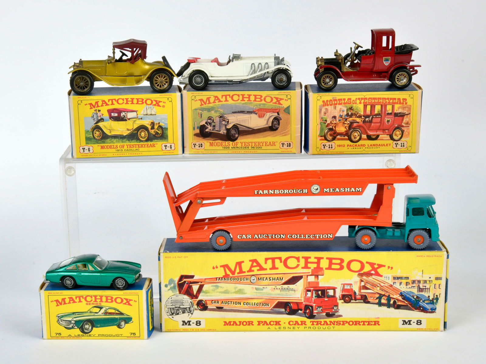 Matchbox, 5 Modellfahrzeuge: Matchbox, 5 model cars, 3 x Model of yesterday, 1x Ferrari Berlinetta, 1x Major Pack, England, diecast, box C 1, C 1