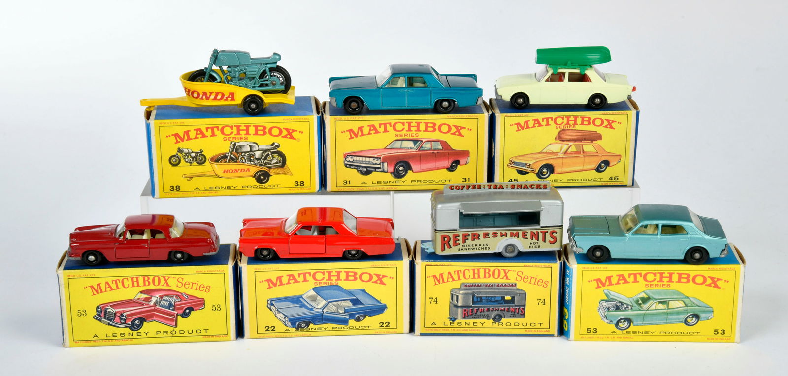 Matchbox, 7 Modellfahrzeuge: Matchbox, 7 model cars No. 53, 74, 45, 38, 31, 22, 53, England, 1:66, diecast, box, C 1-, C 1