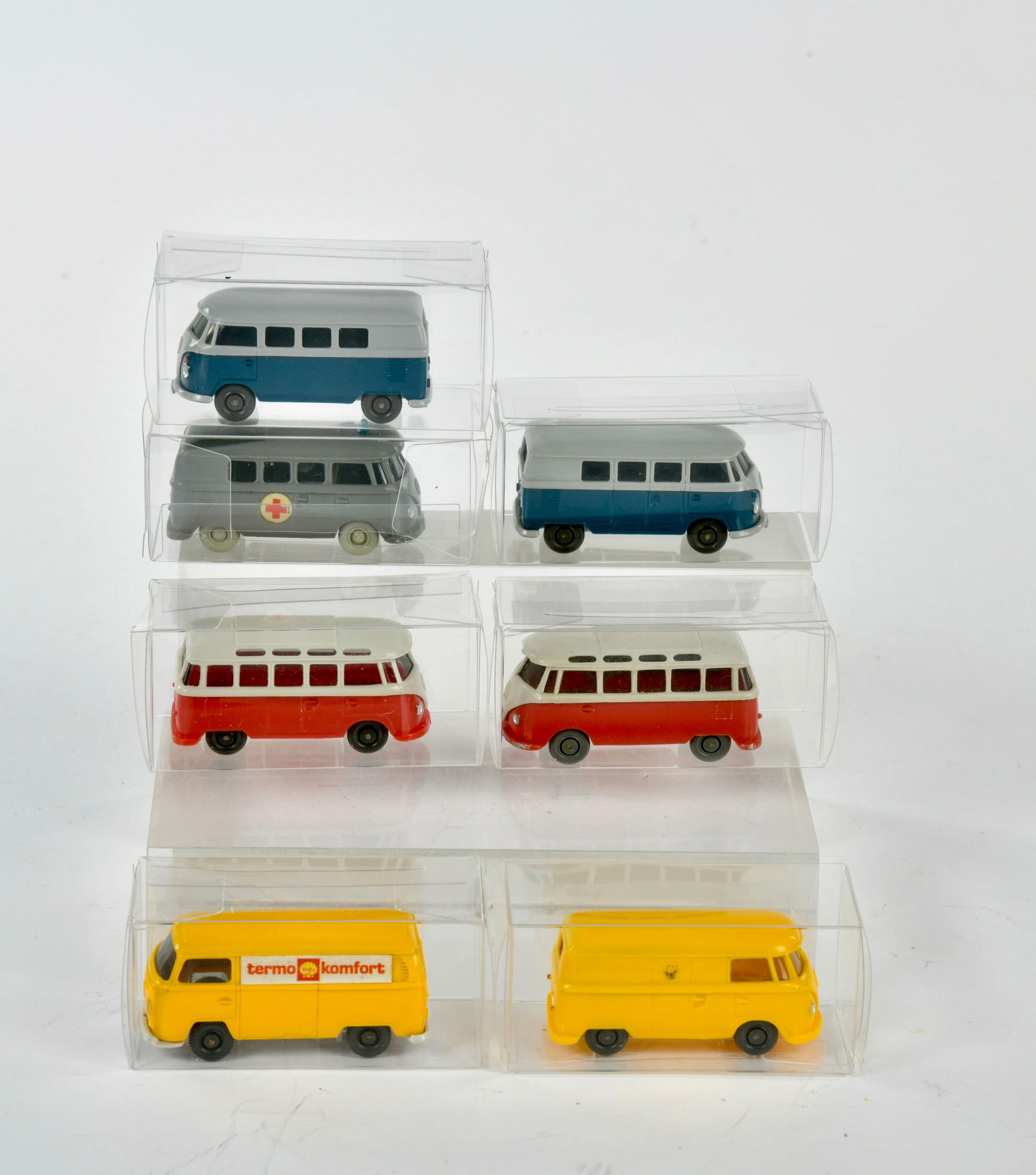 Wiking, 7x VW: 1x Postwagen T1, 1x Kastenwagen T2, 5x T1: Wiking, 7x VW: 1x Postwagen T1 (neu), 1009, 1x Kastenwagen T2, termo Komfort 972, 5x T1 (1x Bus Rotkreuz, 1034, 2x T1 (neu), 324, 2x T1 Sambabus, 325), C 1
