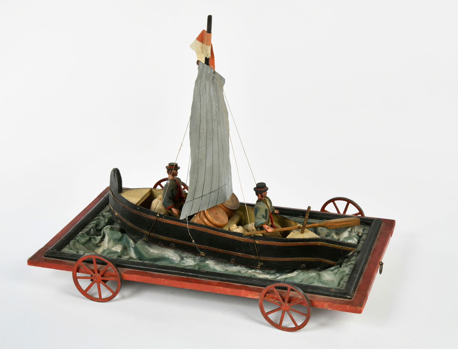 Ziehspielzeug "Segelboot", uralt: Pulling toy "sailing boat", ancient, with sign of G.A. Schwarz Toys Philadelphia, 29 x 21 x 30 cm, GemBw., funktion ok, by pulling the eccentric axles the boat seems as moving through waves, traces of