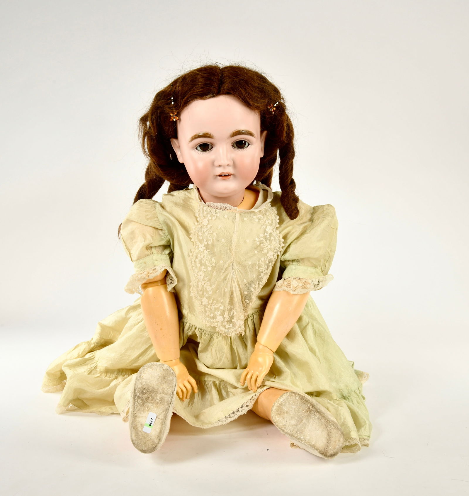 J.D. Kestner, Madchen-Puppe: J.D. Kestner, doll, Germany pw, 80 cm, bisque head (marked "made in N. Germany 17. 164"), real hair wig, sleep eyes, mouth open, 4 teeth, on jointed body (stamp "Excelsior Germany"), traces of age, ni