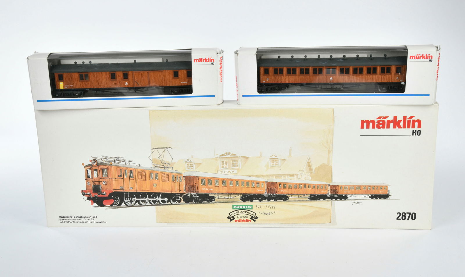Marklin, Schwedischer Schnellzug 2870 + Wagen 4270/4271: Marklin, Swedish express train 2870 + wagon 4270/4271, H0, box C 2, C 1