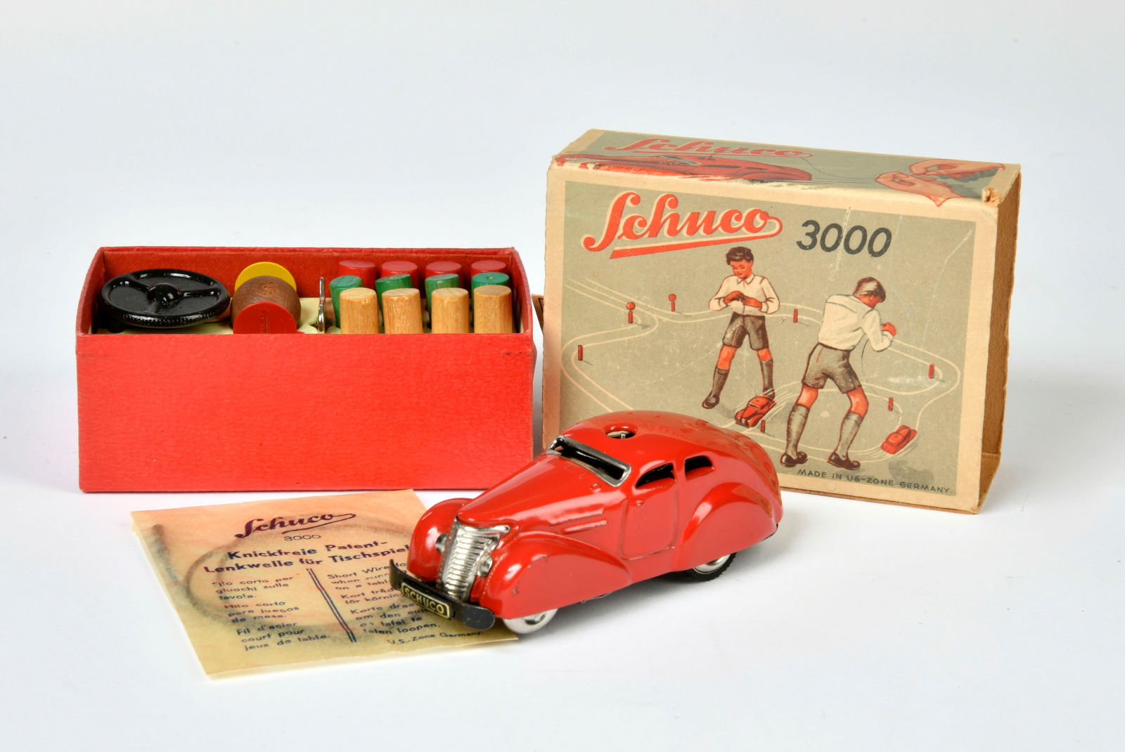 Schuco, Fernlenkauto 3000: Schuco, Remote Control Car 3000, US Z. Germany, tin, cw ok, with accessories, box C 1, C 1-