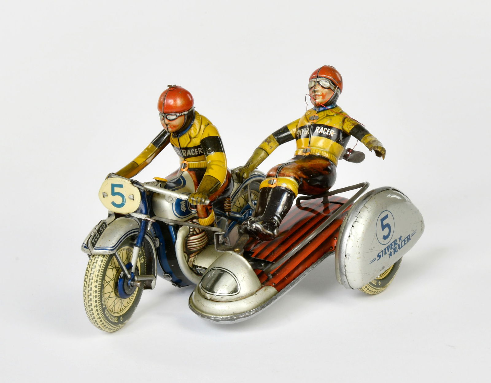 Tippco, Silver Racer Beiwagenmotorrad: Tippco, Silver Racer with sidecar, W.-Germany, 20 cm, tin, cw ok, paint d., key damaged, otherwise C 2