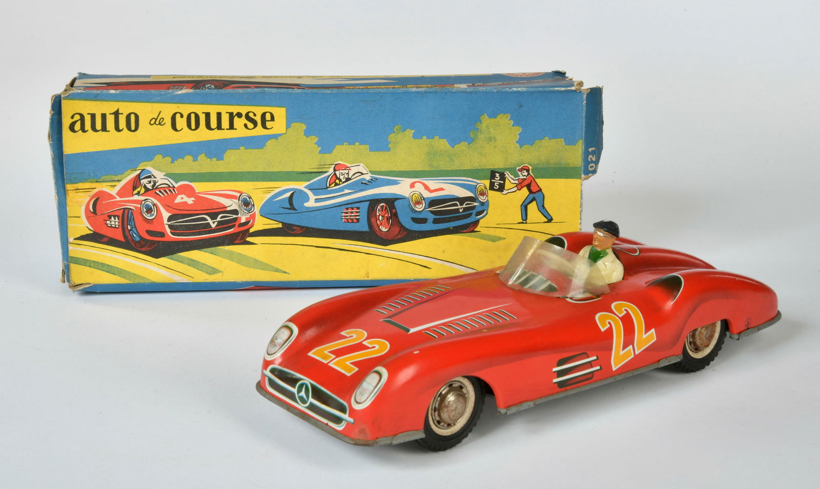 Joustra, Mercedes Rennwagen: Joustra, Mercedes racing car, France, 28 cm, friction ok, rust d., paint d., box, C 3