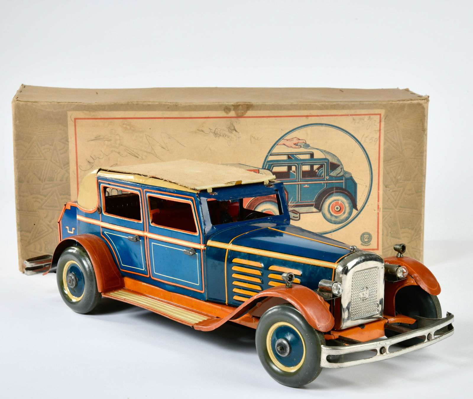 Gunthermann, Rolldach Limousine: Gunthermann, sedan car with folding top, Germany pw, 46 cm, tin, cw ok, min. fabric touchups, box