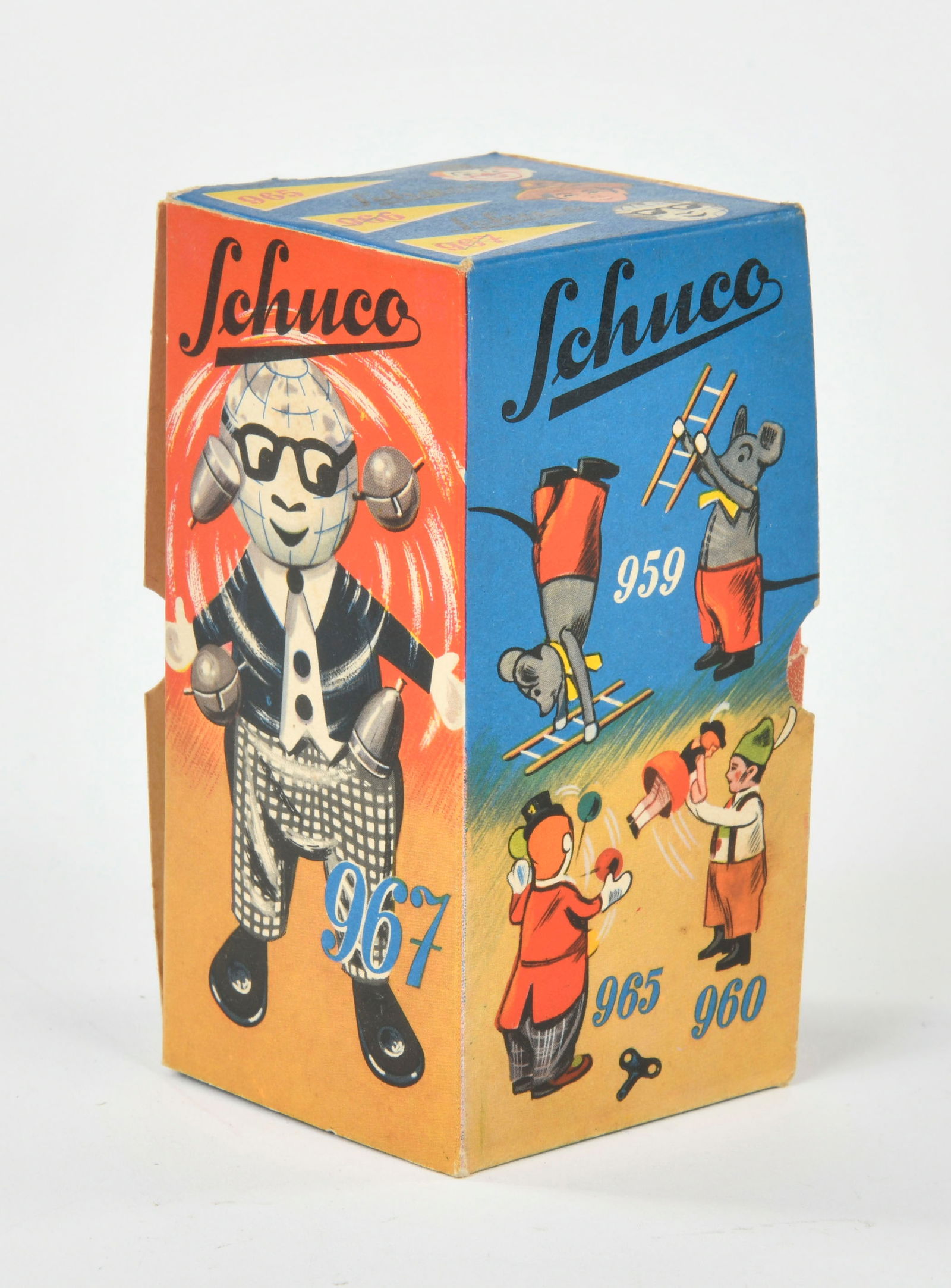 Schuco, Originalkarton fur Mr. Atom Jongleur Tanzfigur: Schuco, original box for Mr. Atom jiggler dancing figure, Germany, C 1-