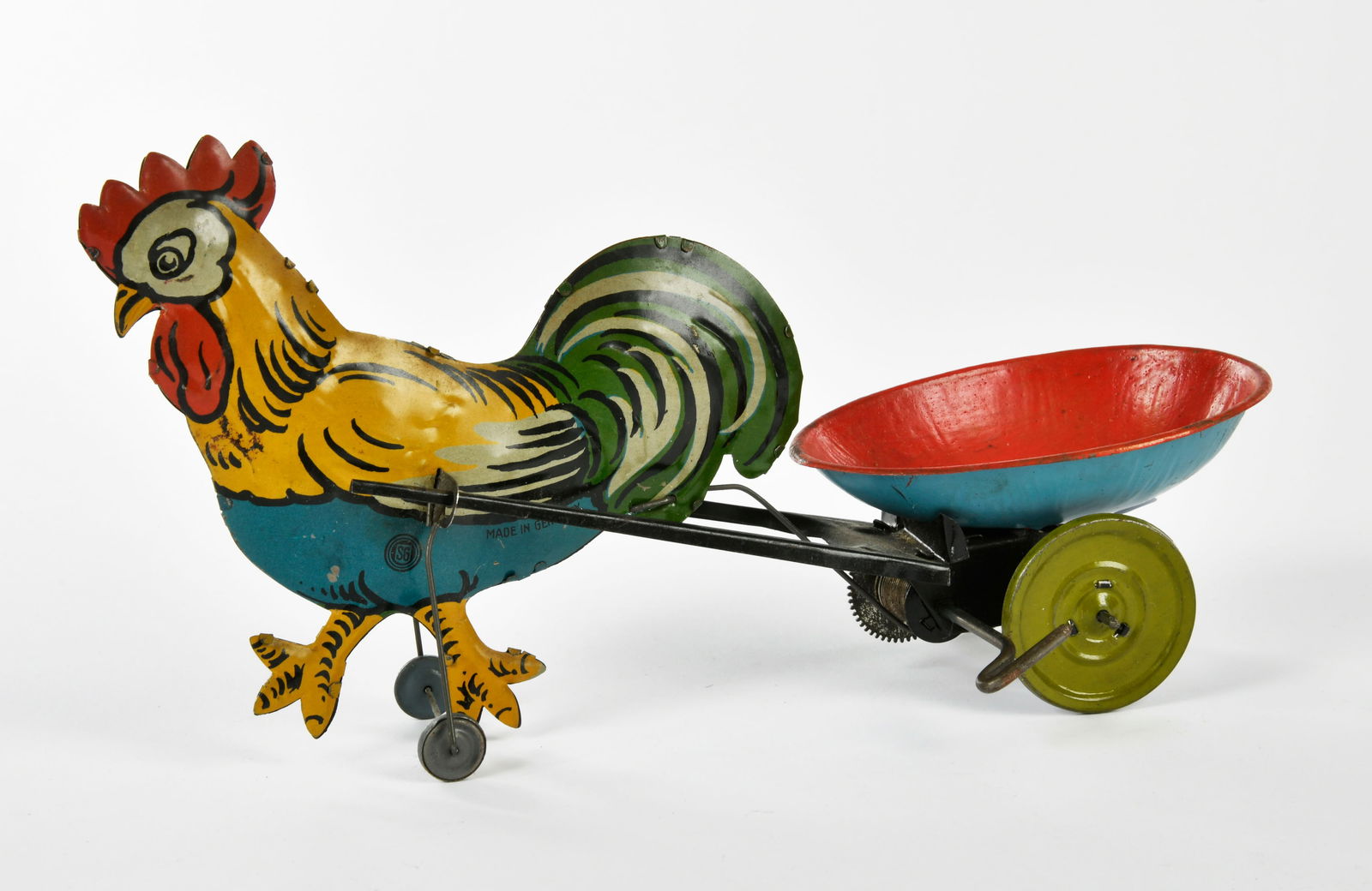 Gunthermann, Hahn mit Kutsche als Ei: Gunthermann, cock with carriage as egg, Germany pw, 26 cm, tin, cw ok, min. paint d., C 2+