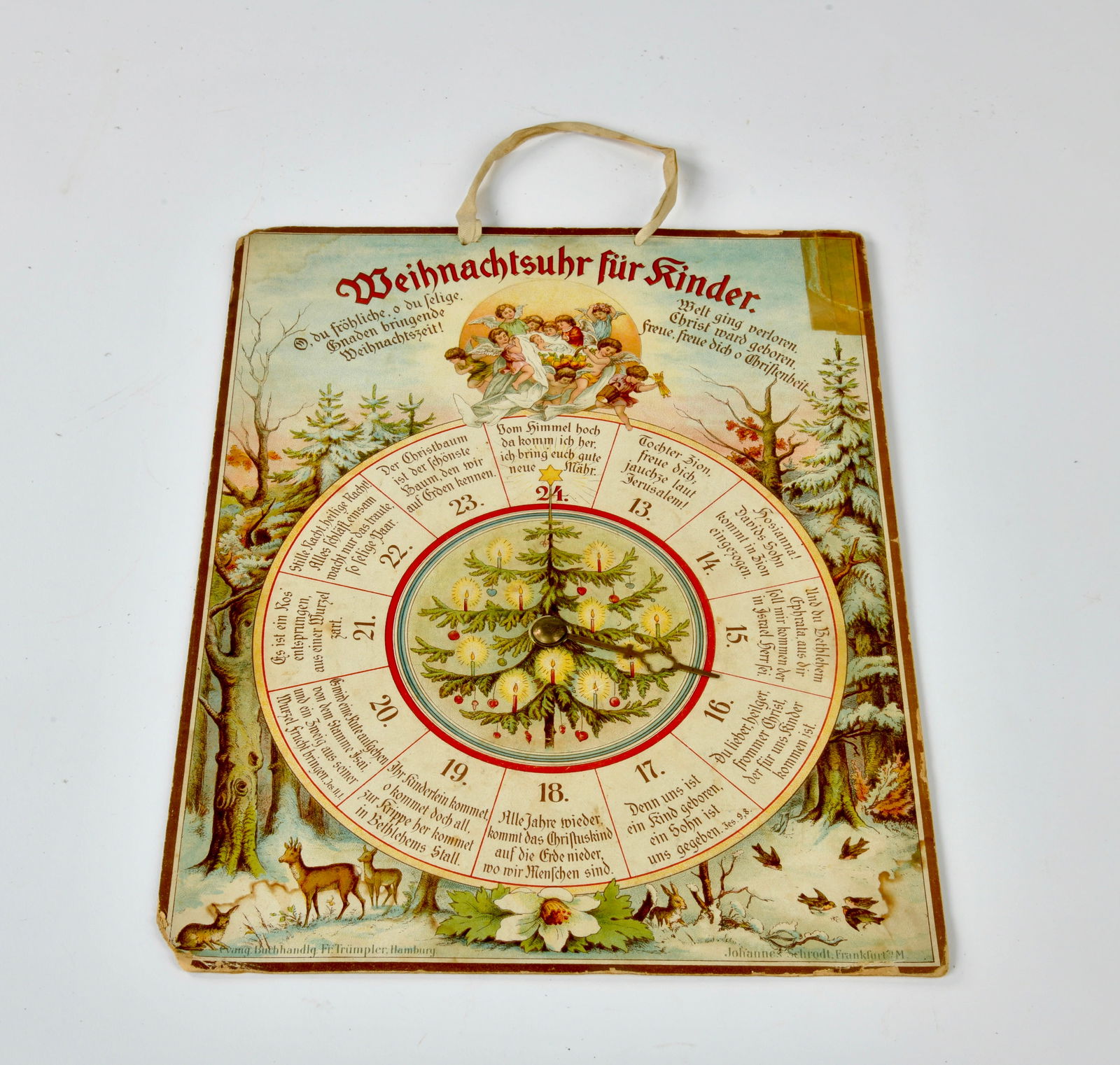 Weihnachtskalender, Weihnachtsuhr fur Kinder: Fr. Trumpler, Joh. Schrodt, Christmas calendar, 'Christmas clock for children', around 1900, approx. 29 x 23 cm, corners damaged