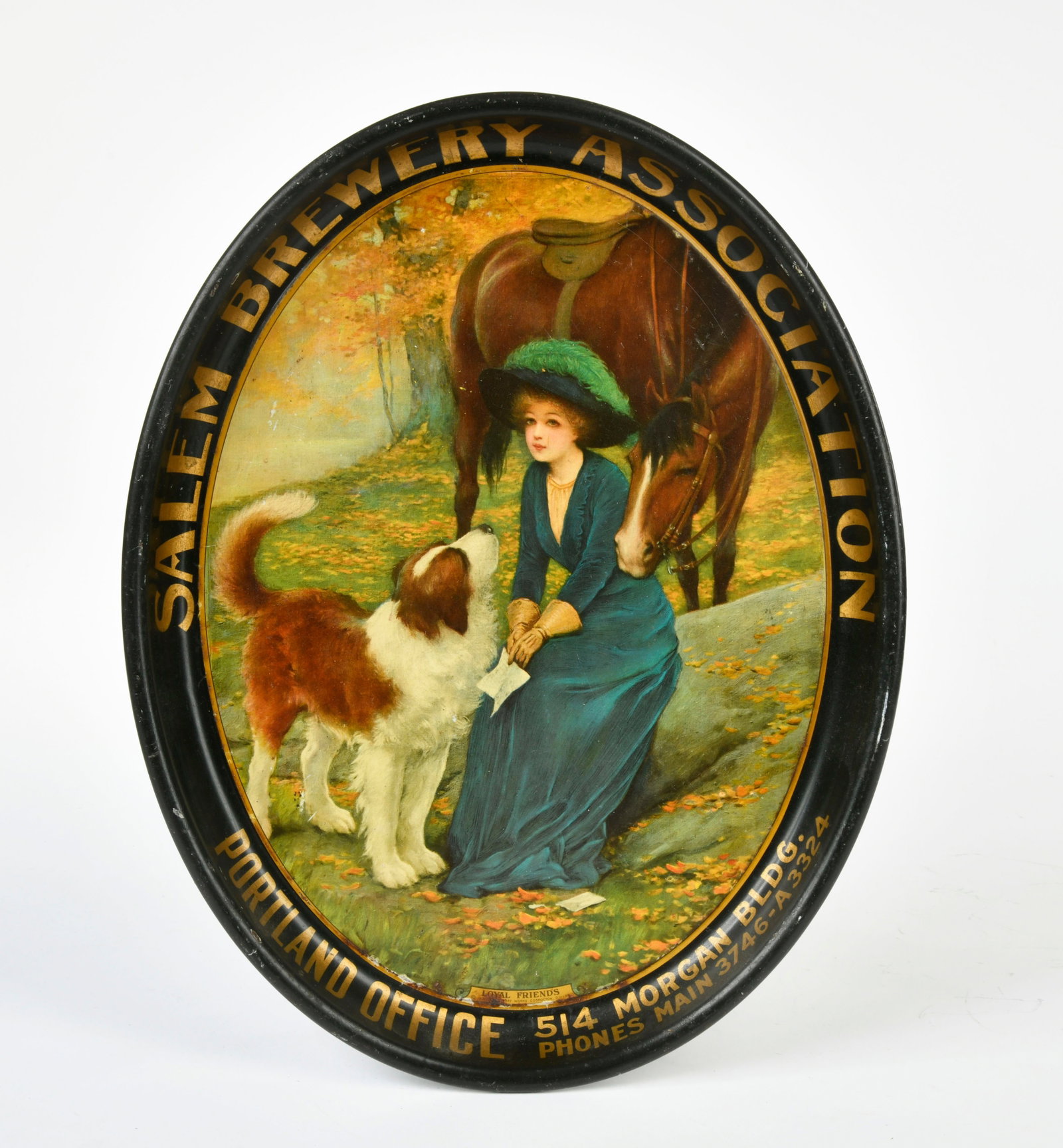 Salem Brewery, Werbetablett: Salem Brewery, subject: Loyal Friends, advertsing tray, USA, 40,5 cm, tin, min. paint. d., otherwise good