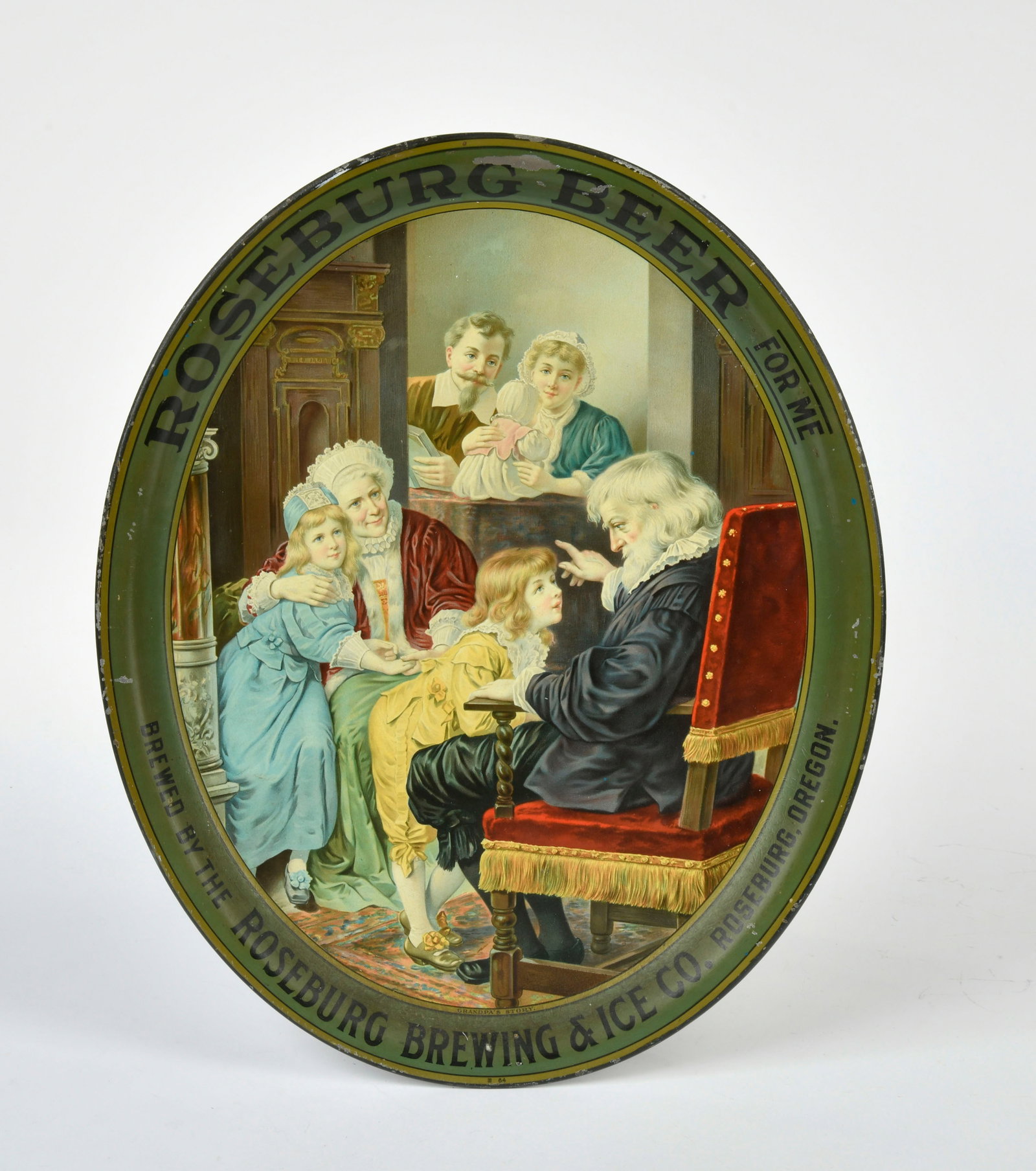 Roseburg Beer For Me, Werbetablett: Roseburg Beer For Me, advertising tray, USA, 1905, 42 cm, tin, paint. d., otherwise good