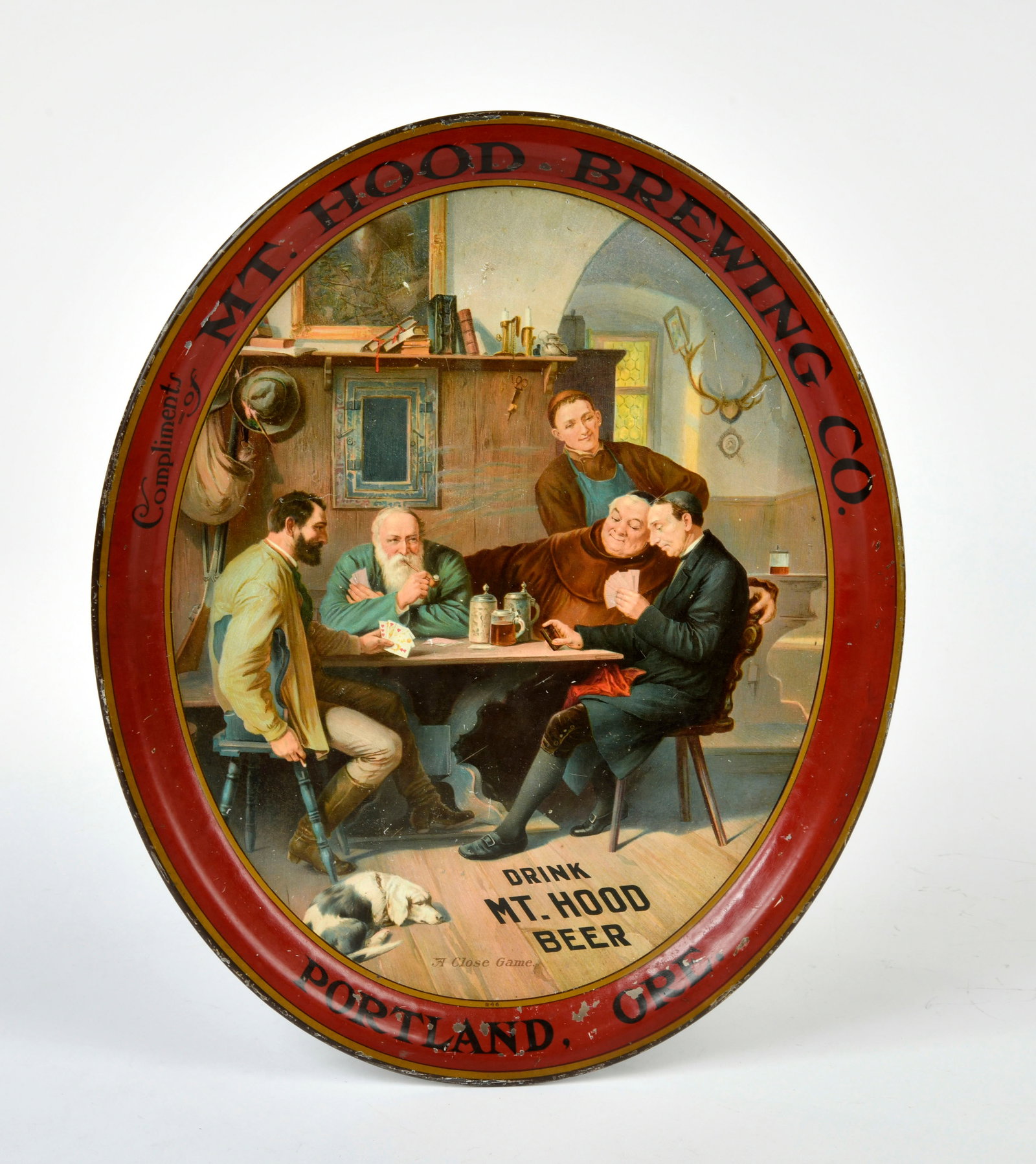Compliments of Mt. Hood Brewing Co., Werbetablett: Compliments of Mt. Hood Brewing Co., advertising tray, USA, 42 cm, tin, paint. d.,, otherwise good