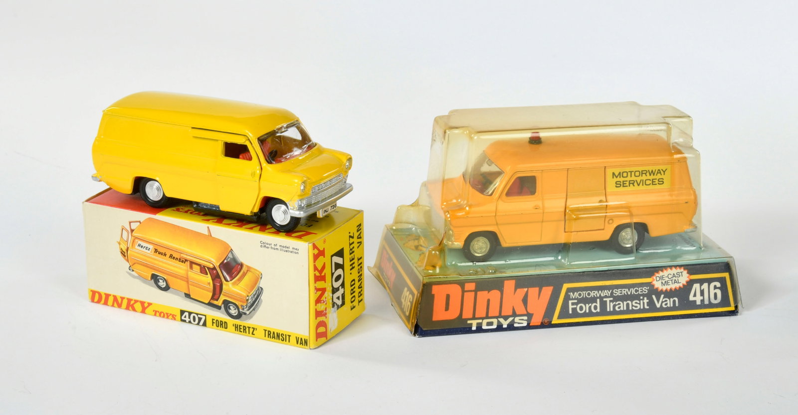 Dinky Toys, 407 Ford Hertz Transit Van & 416 Ford Transit Van: Dinky Toys, 407 Ford Hertz Transit Van & 416 Ford Transit Van, 1:43, diecast, box, C 1/1-