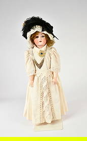 Greiner & Co., Puppe: Greiner & Co. (Sonneberg), doll, Germany, around 1900, 68 cm, bisque swivel head (marked "14 GR & Co 65"), real hair wig, sleep eyes, lashes missing on the left, open mouth, 4 teeth, on wood/composite