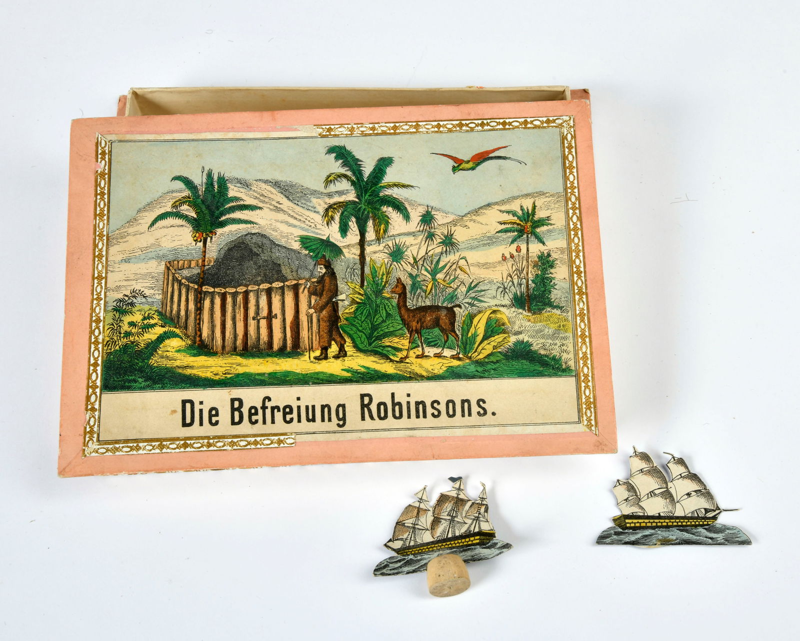 Spiel "Die Befreiung Robinsons": Spiel "Die Befreiung Robinsons", Germany um 1860, 21,5 x 14 cm, mit Inselkarte in perfektem Zustand, 2 Schiffe vorhanden, Zierbordure auf dem Deckel mit Fehlstellen, sonst sehr schon