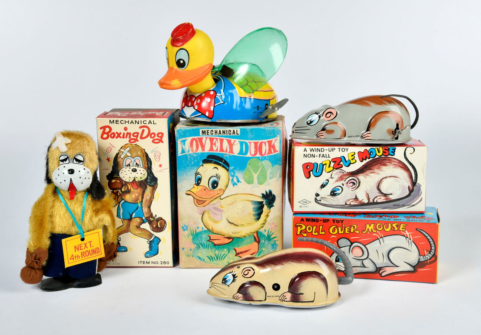 Yonezawa, Boxing Dog + Lovely Duck+ 2 x Maus Automaten Konvolut: Yonezawa, Boxing Dog + Lovely Duck+ 2 x Maus Automaten Konvolut, Japan, Funktion ok, Okt, Z 1