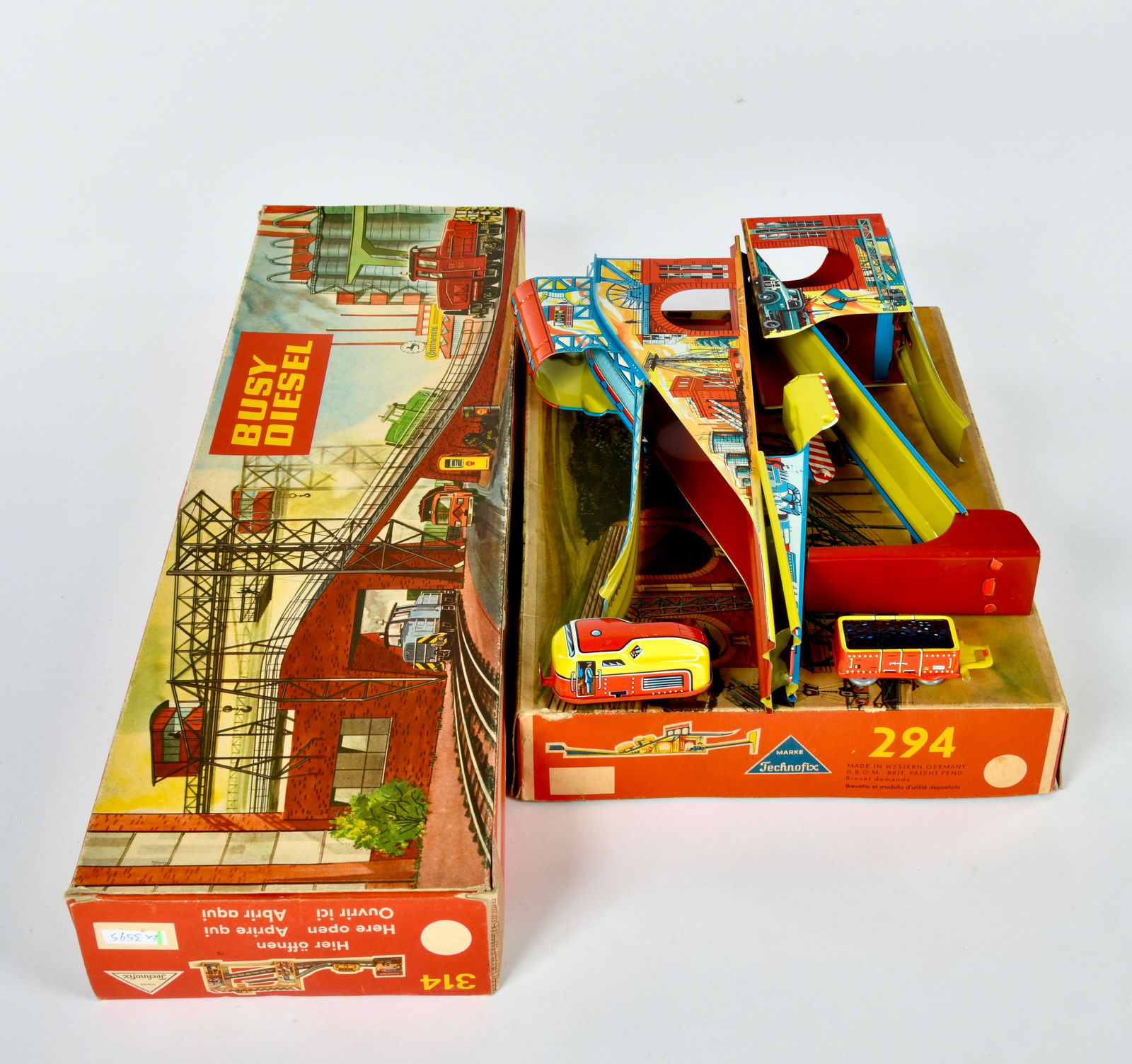 Technofix, Coalmine 294 + Busy Diesel 314: Technofix, Coalmine 294 + Busy Diesel 314, W.-Germany, Box 36 + 58 cm, Blech, Funktion ok, Okt, Z1-, Z 1
