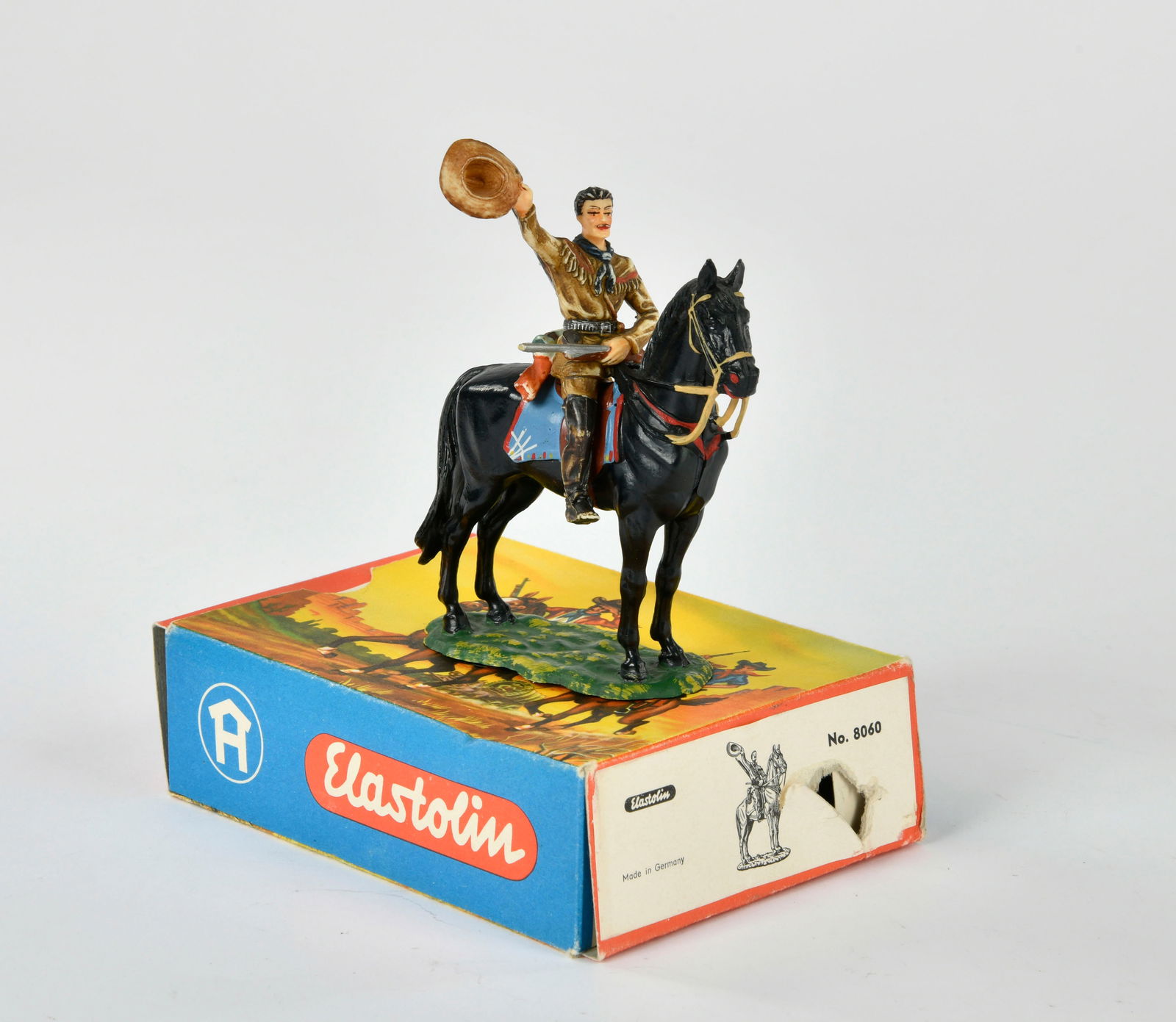 Elastolin, Karl May Figur Old Shatterhand zu Pferd: Elastolin, Karl May Figur Old Shatterhand zu Pferd, 7,5 cm, Kst, Okt Z 1-2, Z 1