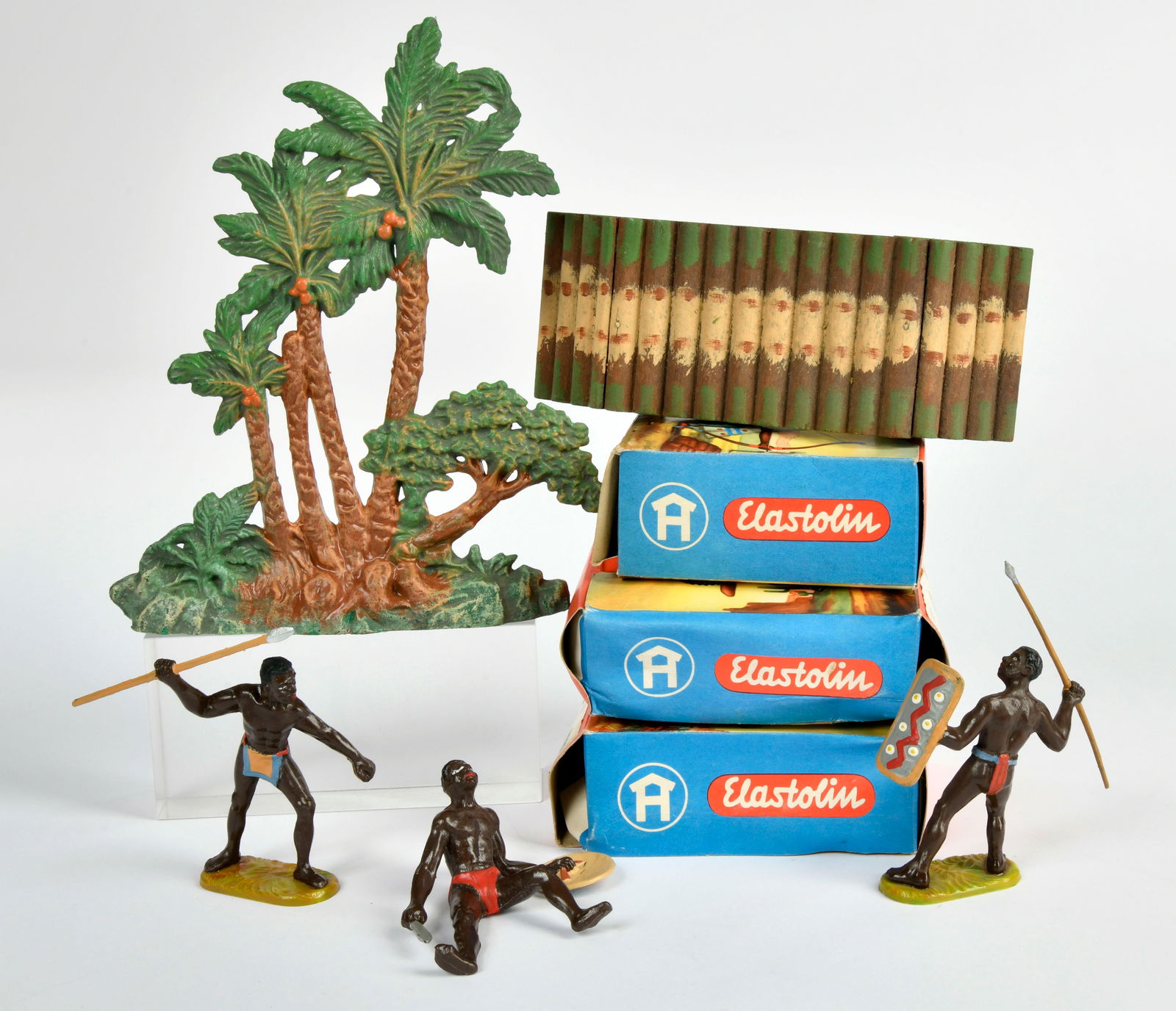 Elastolin, 3 Afrikaner, Palme, Brucke: Elastolin, 3 Afrikaner, Palme, Brucke, W.-Germany, 7 cm Serie, Kst, 3x Okt, meist Z 1