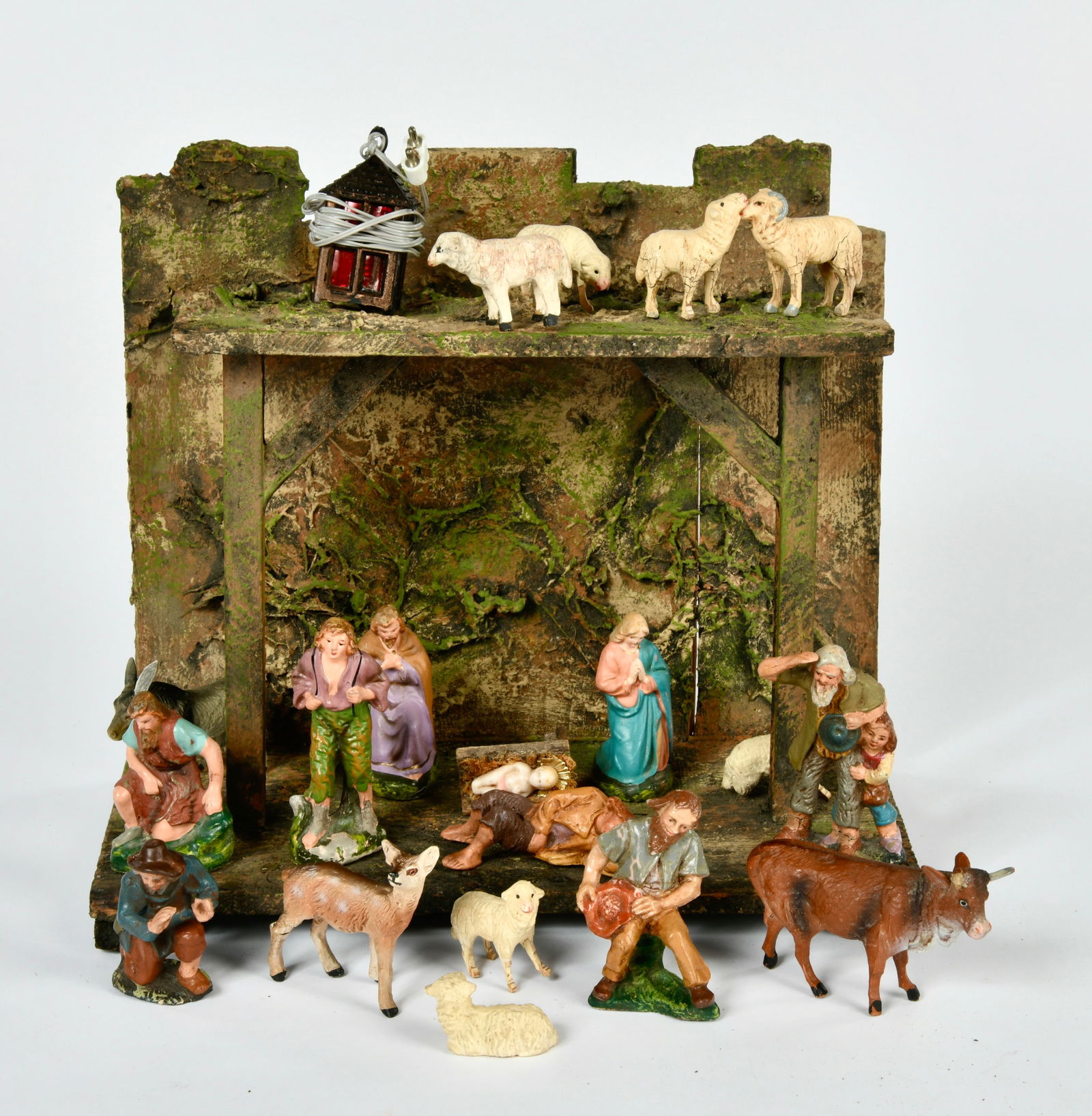 Elastolin, Krippe: Elastolin, Krippe, 26 cm, ungemarkt, Holz mit Massebewurf, min. Altersspuren