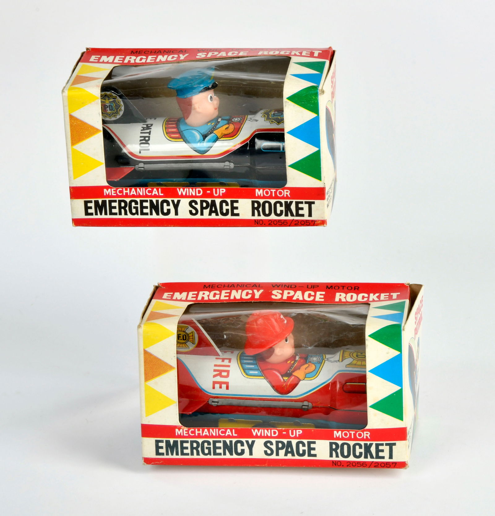 Yone, 2 x Space Rocket: Yone, 2 x Space Rocket (Polizei + Feuerwehr), Japan, 15 cm, Blech, UW ok, Okt, Z 1